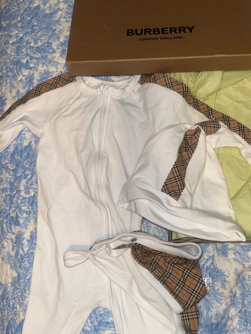 Burberry White Baby Footie with Classic Check Accents